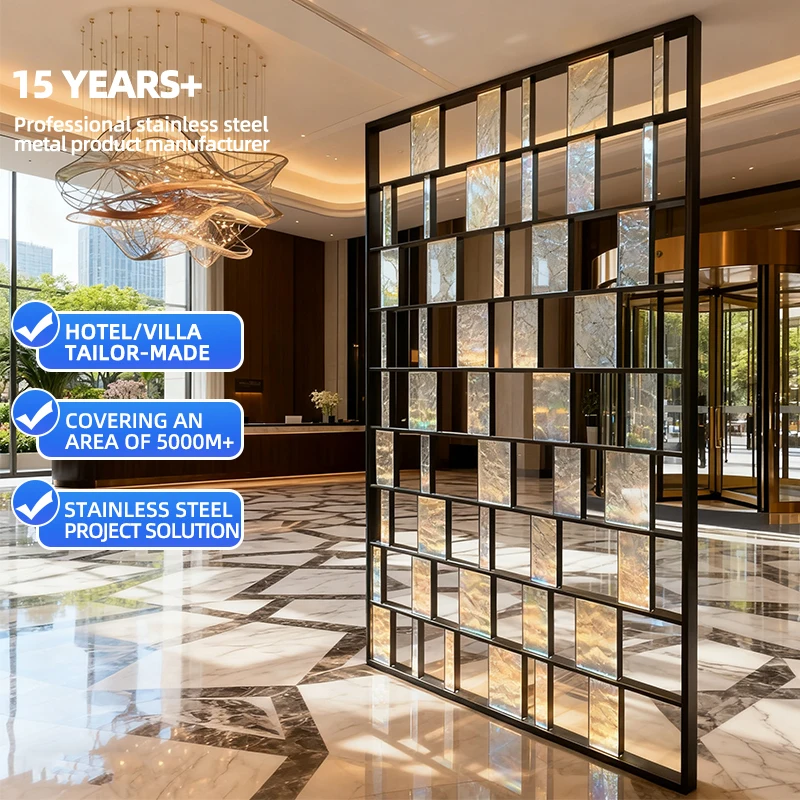 

Современные стеклянные перегородки, перегородки для вестибюля отеля, перегородка для гостиной из нержавеющей стали 304, дизайн золотой металлической перегородки