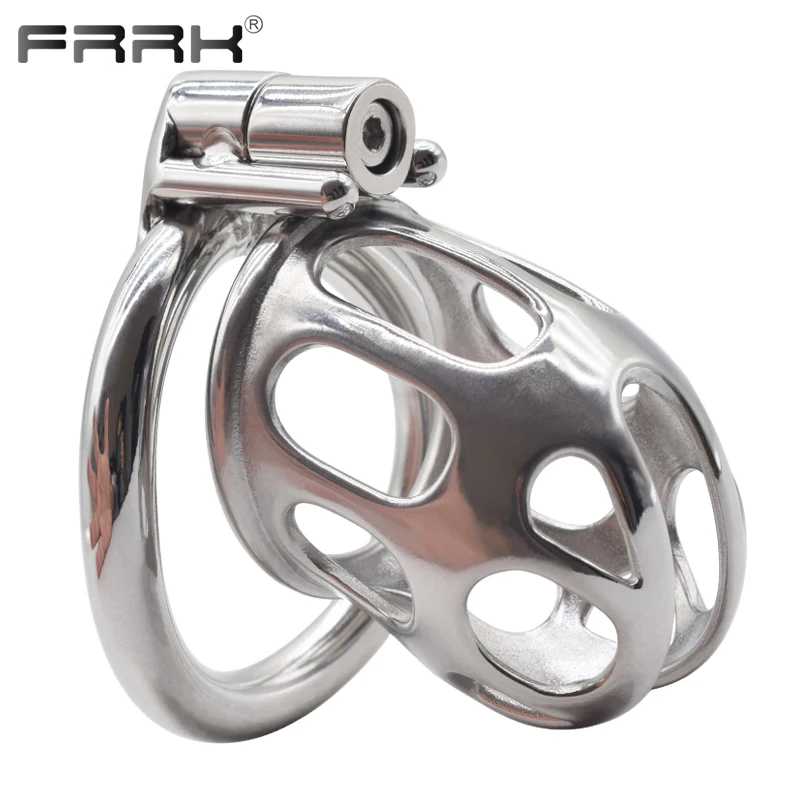 FRRK Open Head Tube Chastity Cage with 40mm 45mm 50mm Curve Penis Rings Stainless Steel BDSM Intimate Products Sex Toys Shop