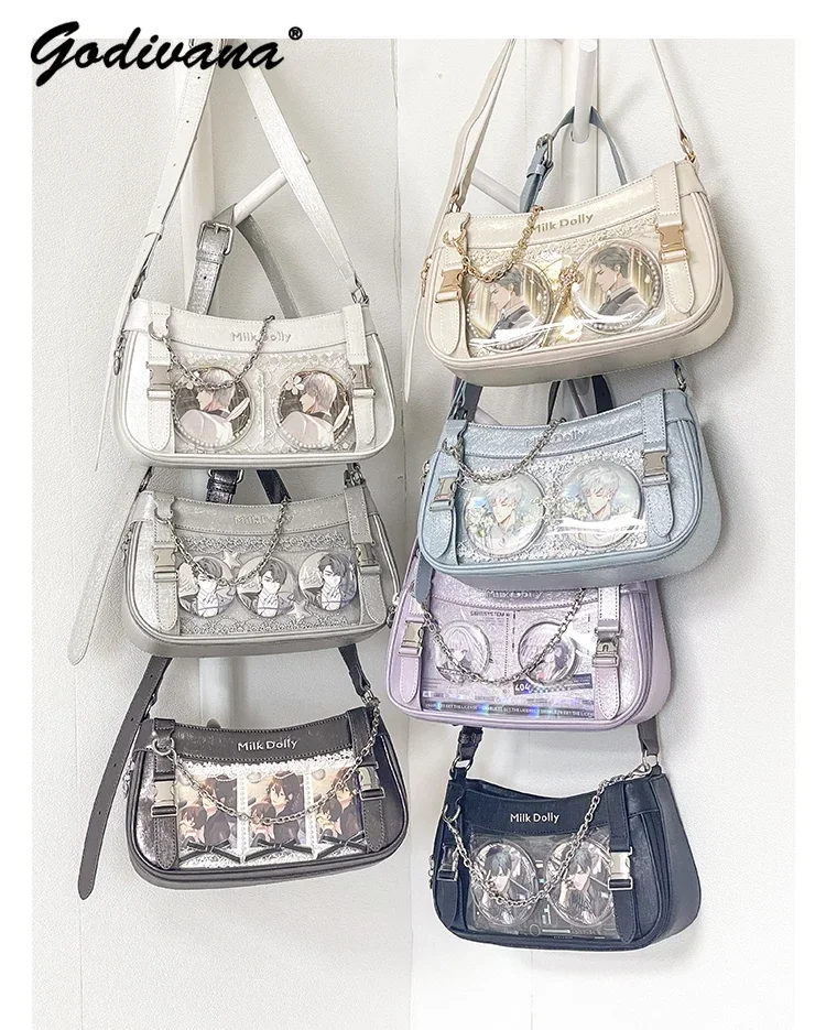 

Original Rock Locomotive Bolso Transparent Crossbody Bags Sweet Girl Women Solid Color Leather Underarm Bag Lolita Shoudler Bags