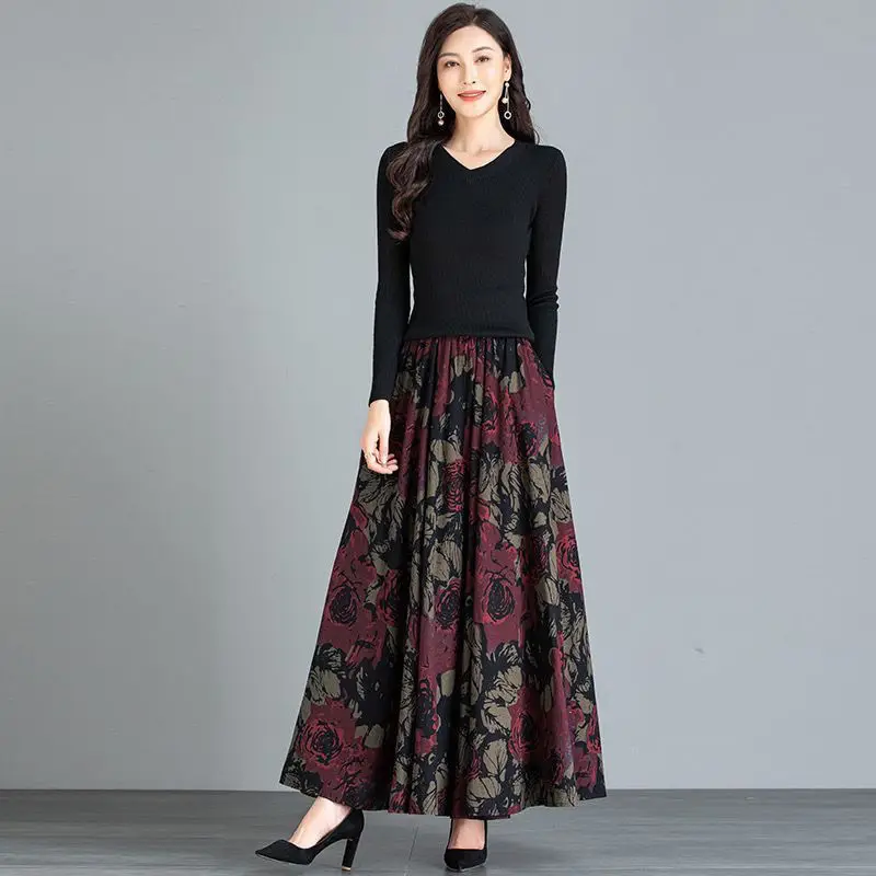 Autumn Women Clothing New Pocket Skirt High Waist Vintage Floral Printing Elastic Waist Chinese Style Luxury Paisley Midi Skirts