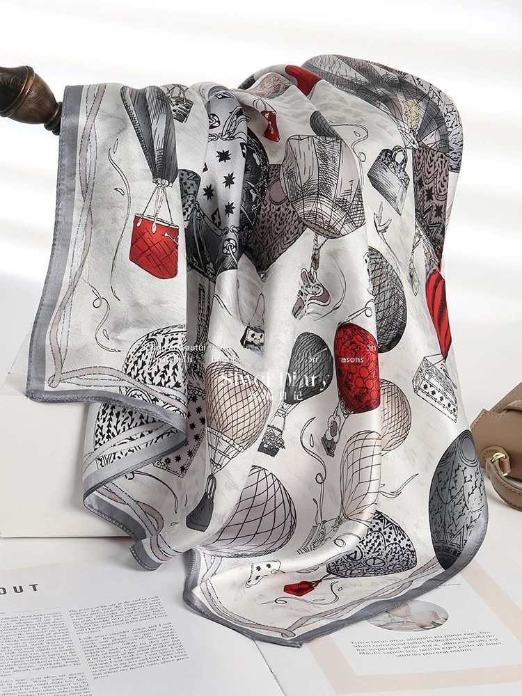 elegant-silk-scarf-women's-high-end-feeling-lightweight-luxury-100-silk-match-shirt-scarf-balloon-print-square-scarf