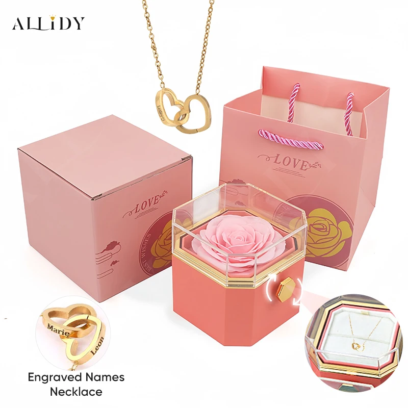 

New Octagon Rotating Preserved Rose Proposal Surprise Jewelry Gift Box with Custom Name Necklace Set Holiday for Girlfriend