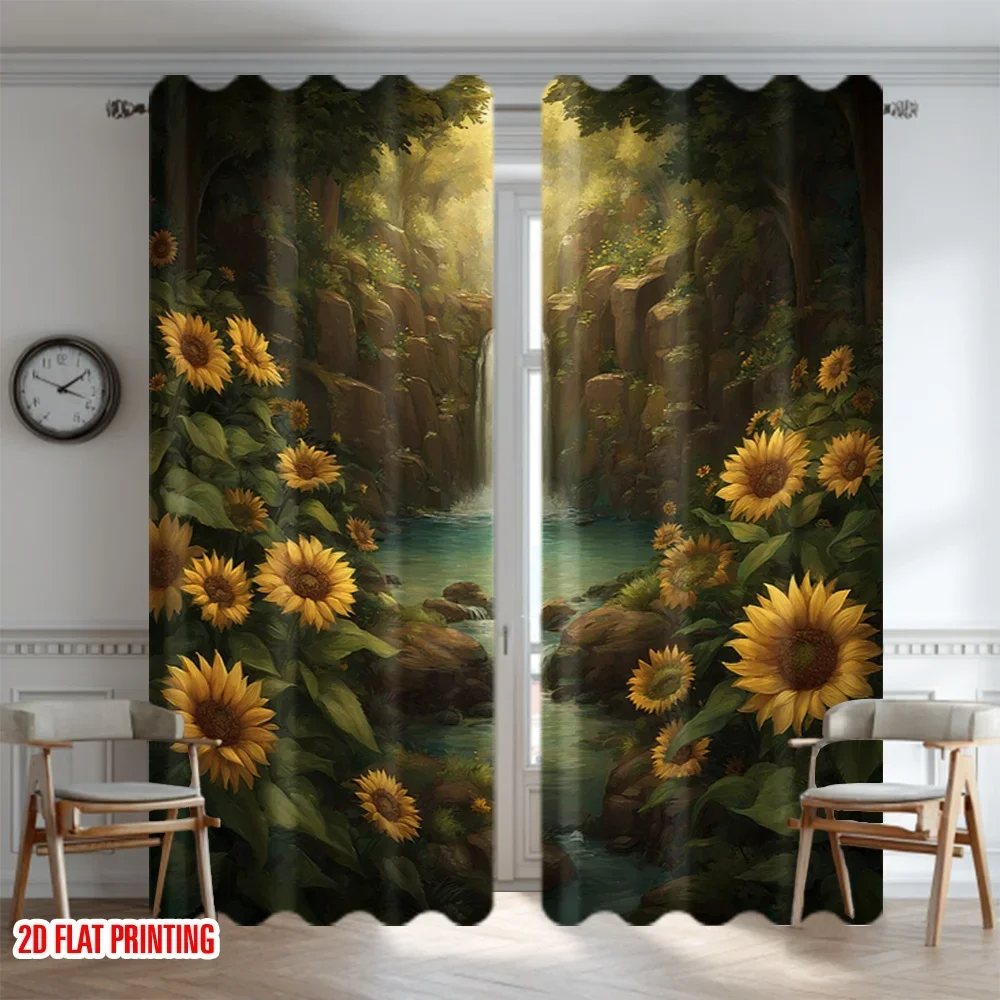 

Sunflower Waterfall Scenery Print Drapes Room Darkening Window Curtains for Home Decor,Rod Pocket Blackout Curtains Bedroom