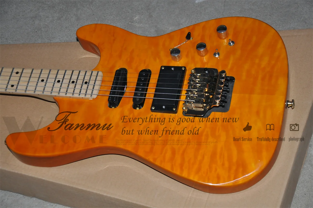 Yellow Electric Guitar PC Guitar Maple Neck Basswood Body Flamed Maple Top Tremolo Bridge Gold Tuners Mini Switch