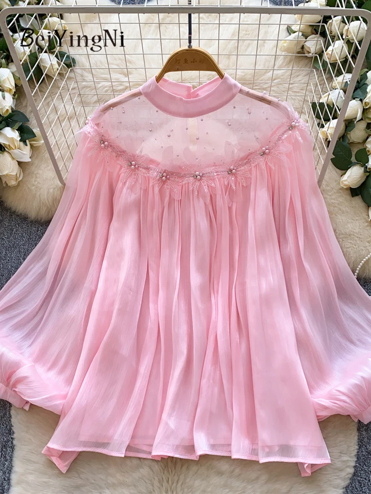 

Beiyingni 2026: Модные женские топы оверсайз в корейском стиле, элегантные блузки с бисером и сеткой во французском стиле, свободные женские рубашки для повседневной носки