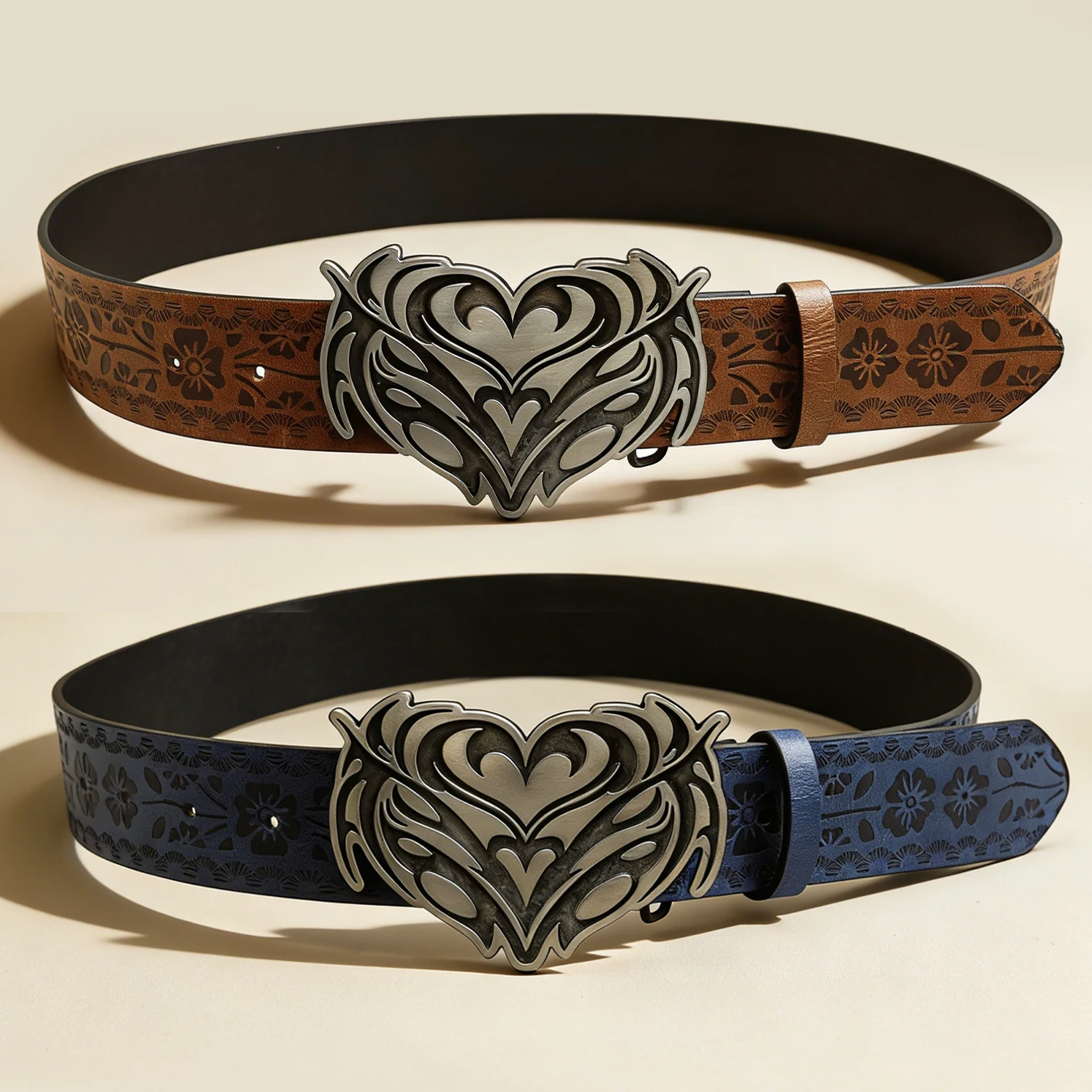 Western Vintage Heart Engraved Buckle Women Belt, Brown & Blue Floral Embossed Decorative Waistband