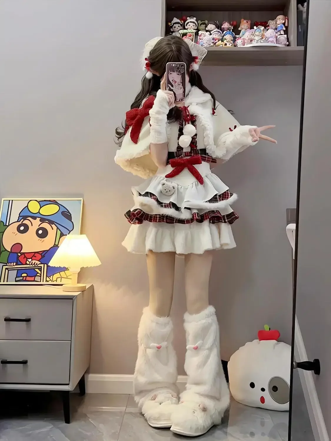 

2025 Winter New Year's Kawaii Robe Hairy Lolita Cape Christmas Dopamine Girls Sweet Bow Plaid Patchwork Cake Dress 3-Piece Set