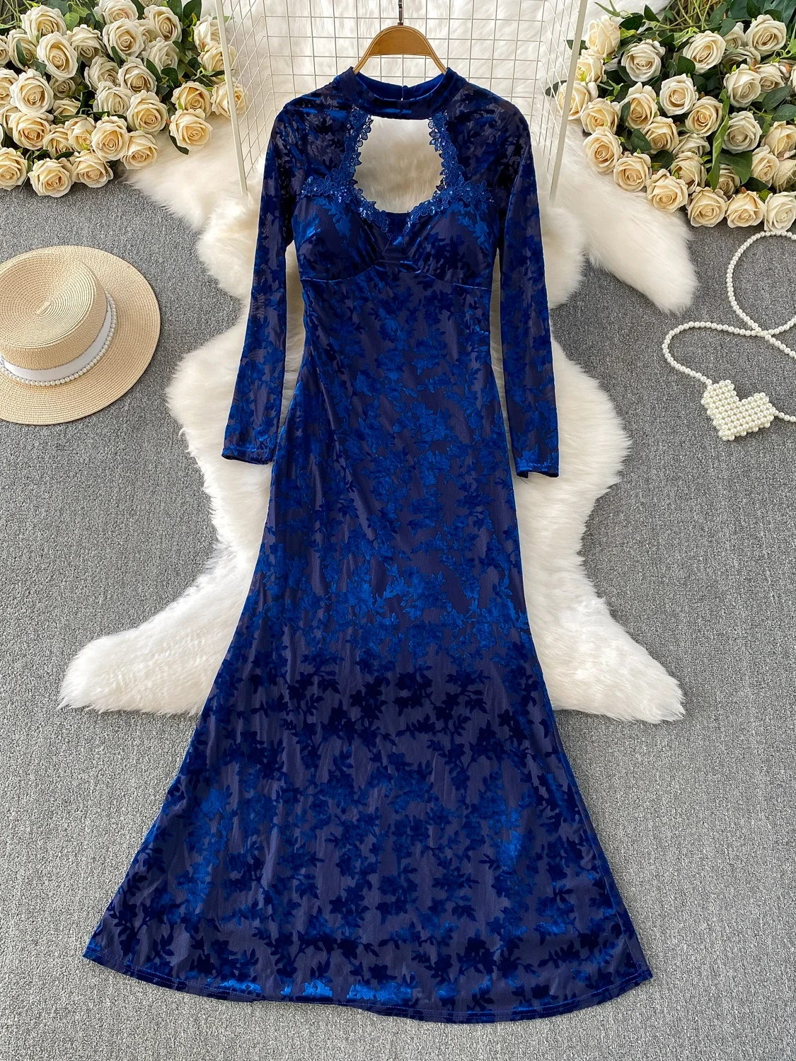 Сексуальное кружевное круглое платье с мягкой подкладкой, женское осеннее бархатное платье с цветочным узором для похудения, длинное платье с хвостом Ele Fi