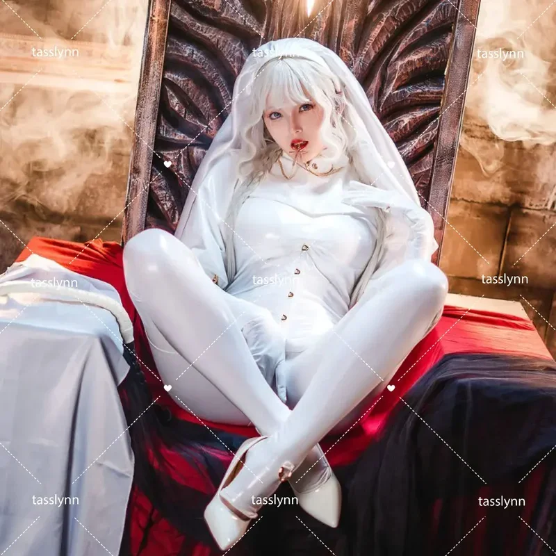 섹시한 차우비 스위트 블랙 화이트 수녀 코스프레 의상, 핫 애니메이션 코스프레 유니폼, 섹시한 소녀 다크 레인 샬롯 코스프레 코스튬