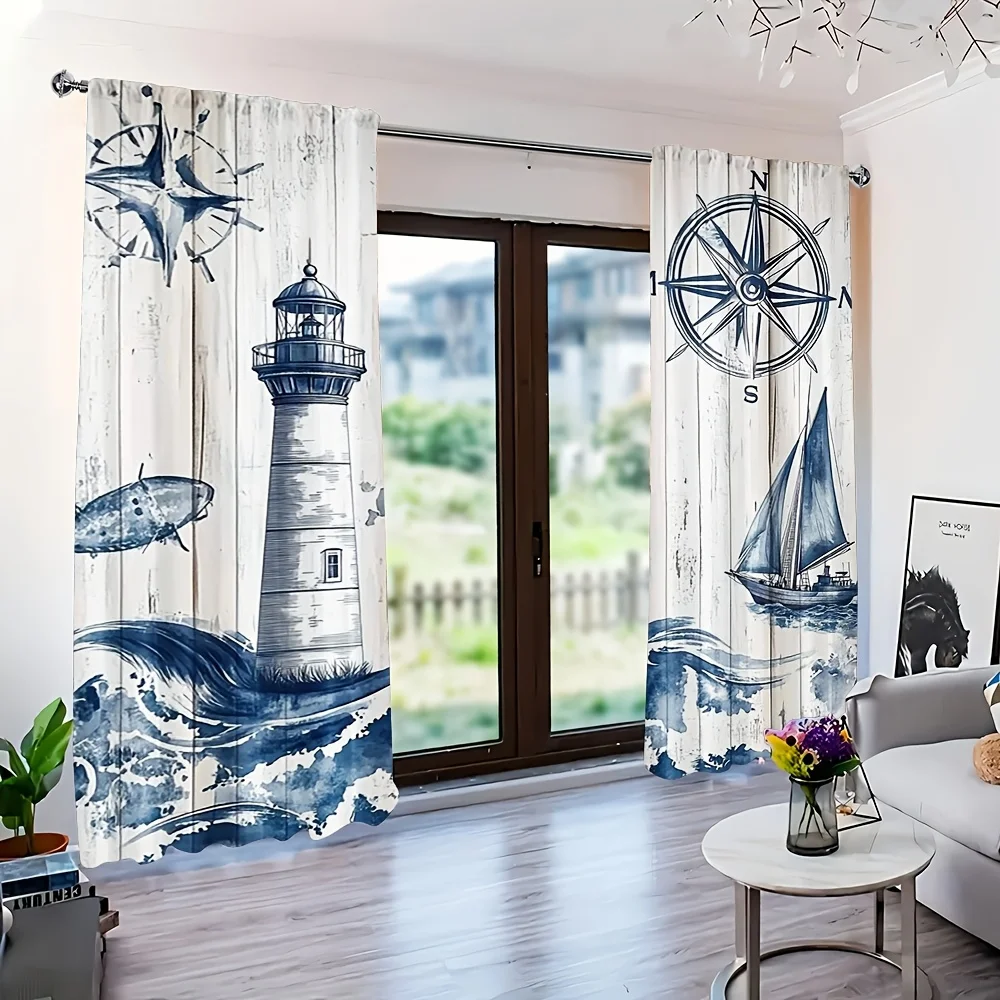 2pc Lighthouse and compass printed curtains, made of polyester, machine washable, suitable for bedrooms and living rooms.