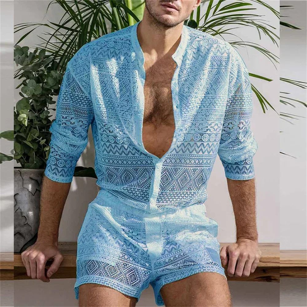 

Men Sexy See Through Shirt+shorts Sets Solid Color Short Sleeve Shirt & Shorts 2PCS Clothes Sets Streetwear Fashion Men's Suits