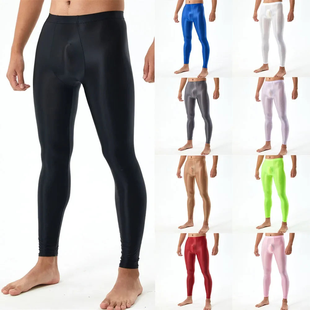 Sexy Men Leggings Sheer Long John Underwear Tight Silky Skinny Pants Ultra-thin Transparent Pantyhose Smooth Erotic Lingerie