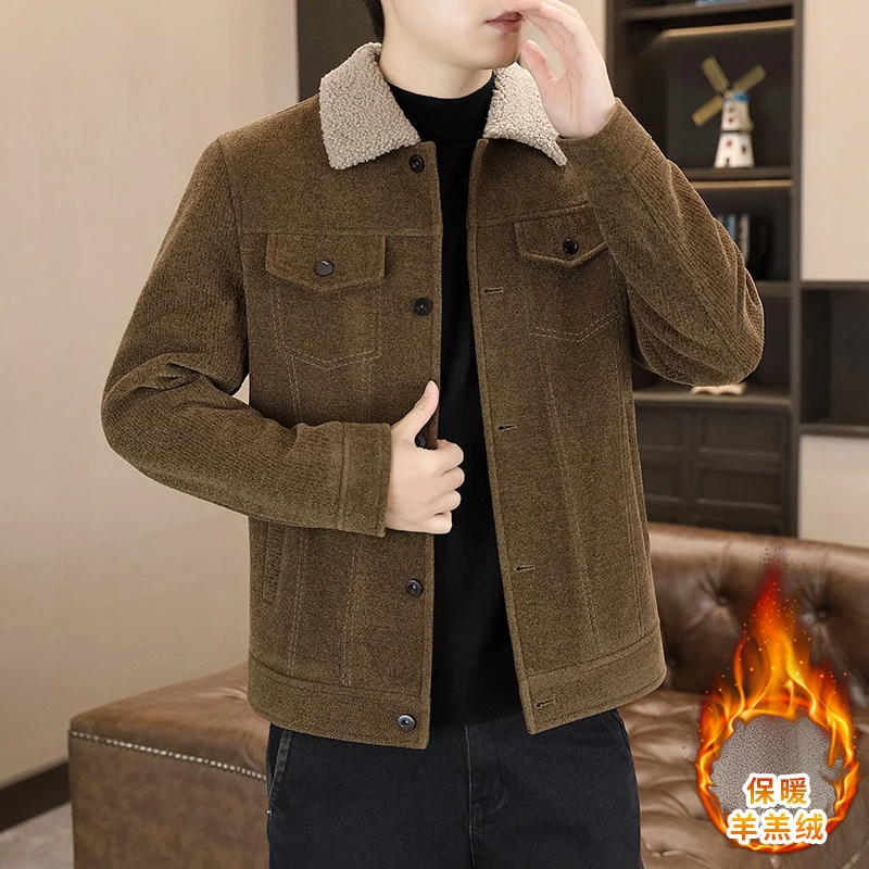 Мужская деловая стильная и классная утолщенная куртка из овечьей кожи с лацканами из синели и подкладкой из овечьей кожи для тепла