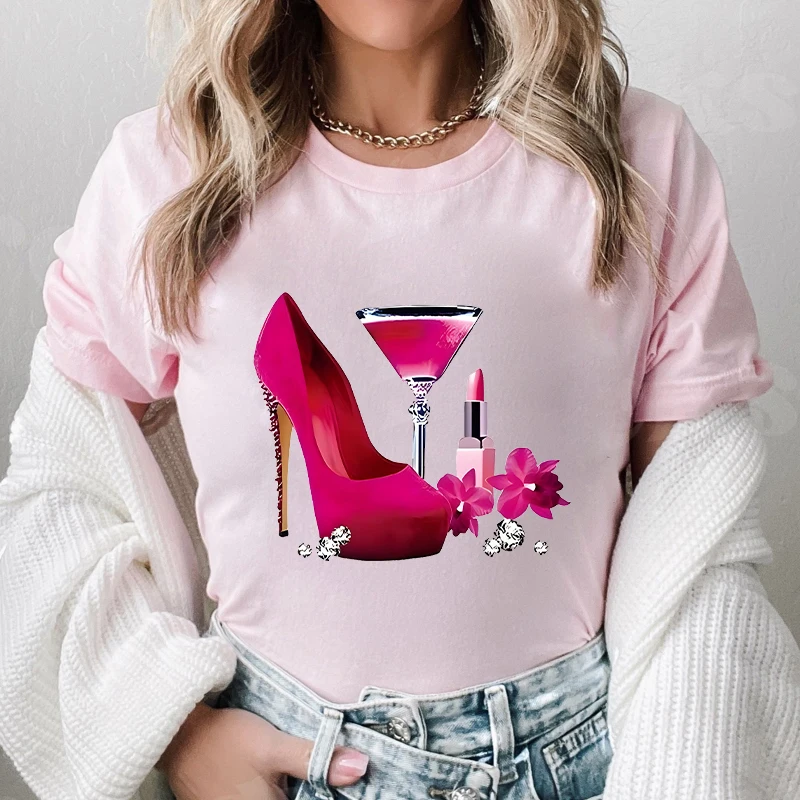 Glamorous Pink High Heel Printing T-shirts Fashion Casual Women T-Shirt Graphic Tees Women Trend T-shirts Short Sleeve Tops