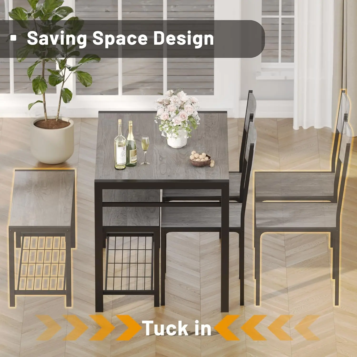 Table Set for 4, Kitchen Table with Bench & 2 Chairs Modern Rectangular Metal Frame Dining Furniture Set for Small Space (Grey)