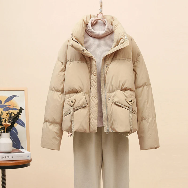 Schinteon ผู้หญิงลงเสื้อลําลองกว่าขนาดฤดูใบไม้ร่วงฤดูหนาว Outwear STAND COLLAR เป็ดสีขาวลงเสื้อ 2024 ใหม่แฟชั่น