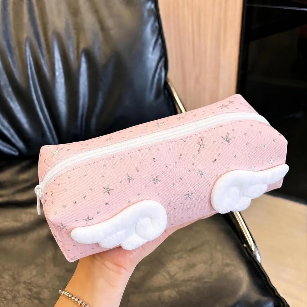 Portable Star Print Pencil Case With Wings Decor Large Capacity Pencil Pouch Stationery Organizer Students