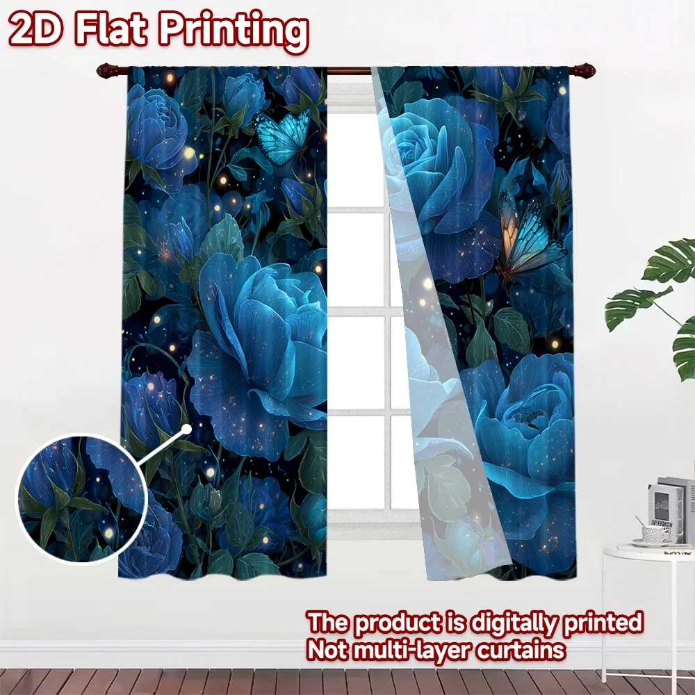 2D FLAT PRINTING 2pcs Curtains (Without Rod) Blue Roses and Butterflies Fashionable Modern Curtains Yarn Curtains Gifts Suitable