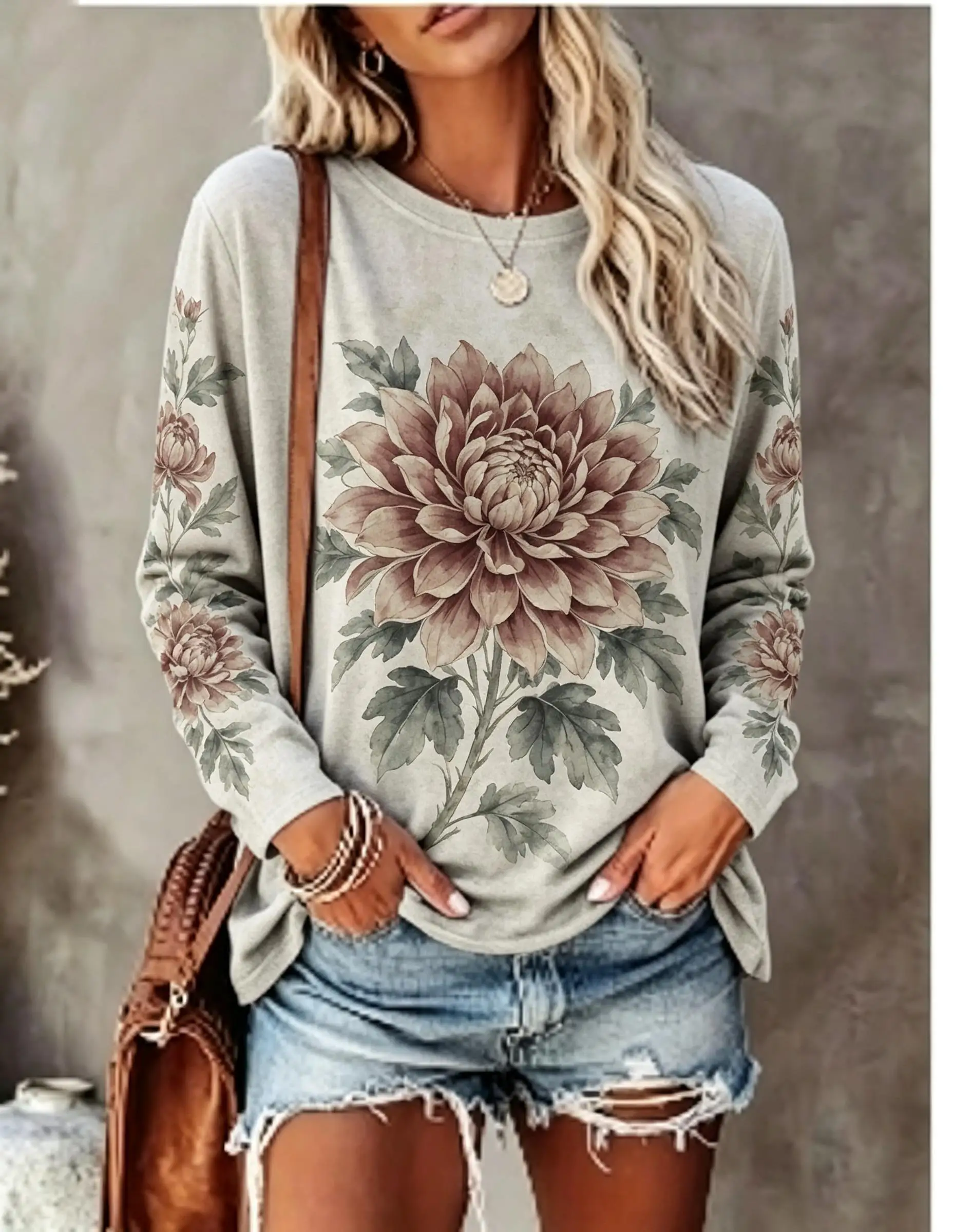Women Long Sleeve T Shirt Vintage Peony Floral Print Crew Neck Casual Fall Tops