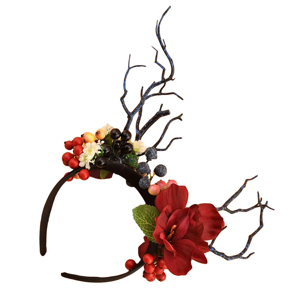

1Pcs Deer Antler Hair Accessory Branch Headband with Flowers Berries Xmas Party Decoration Photo Prop for Women Kids Masquerade