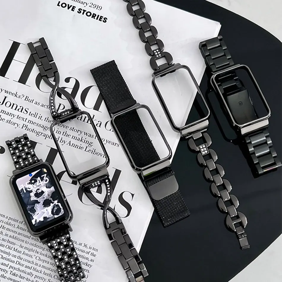 สายรัดโลหะสำหรับ Xiaomi Mi Band 7 Pro พร้อมเคส, สายรัดแฟชั่นสีดำหรูหราและเยี่ยมชมสำหรับ Miband 7 Pro, สายรัดข้อมือสำหรับการแทนที่