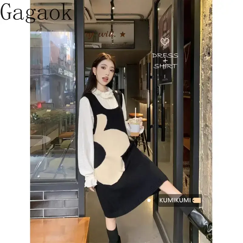 Gagaok Vest Dresses Women Sleeveless Contrast Floral Jacquard Knitted Dress Streetwear Casual Korean Fashion Vestidos Clothes