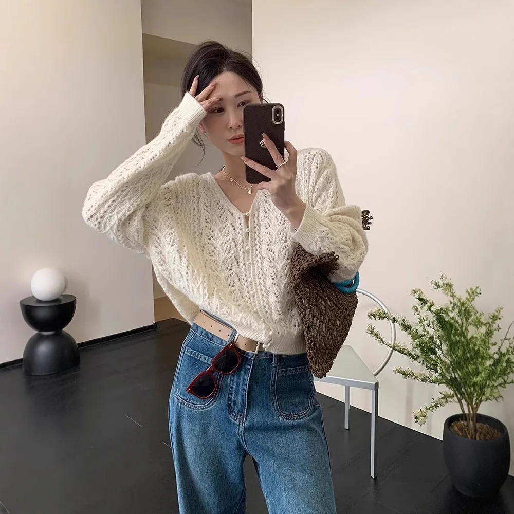 Women Hollow Out Button Cardigan Sweaters V Neck Splice Knit Thick Jumpers Casual Loose Long Sleeve Elegant Lady Autumn Winter