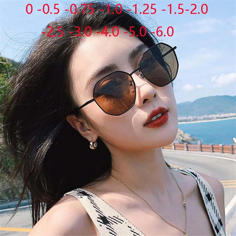 

Metal Polygonal Minus Sunglasses Women Polarized Anti-UV Vintage Tea Lens Prescription Spectacles Diopter 0 -0.5 -0.75 To -6.0