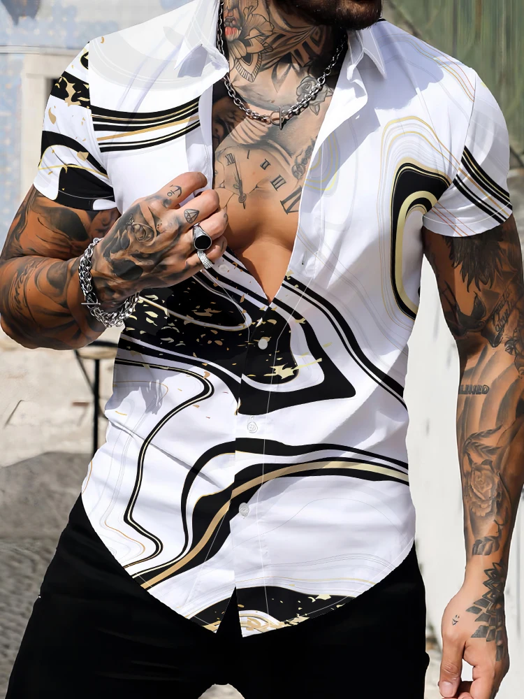 

Новинка лета 2024, мужская рубашка с отложным воротником и короткими рукавами, популярная мужская рубашка большого размера с 3d-цифровым принтом и мраморным узором