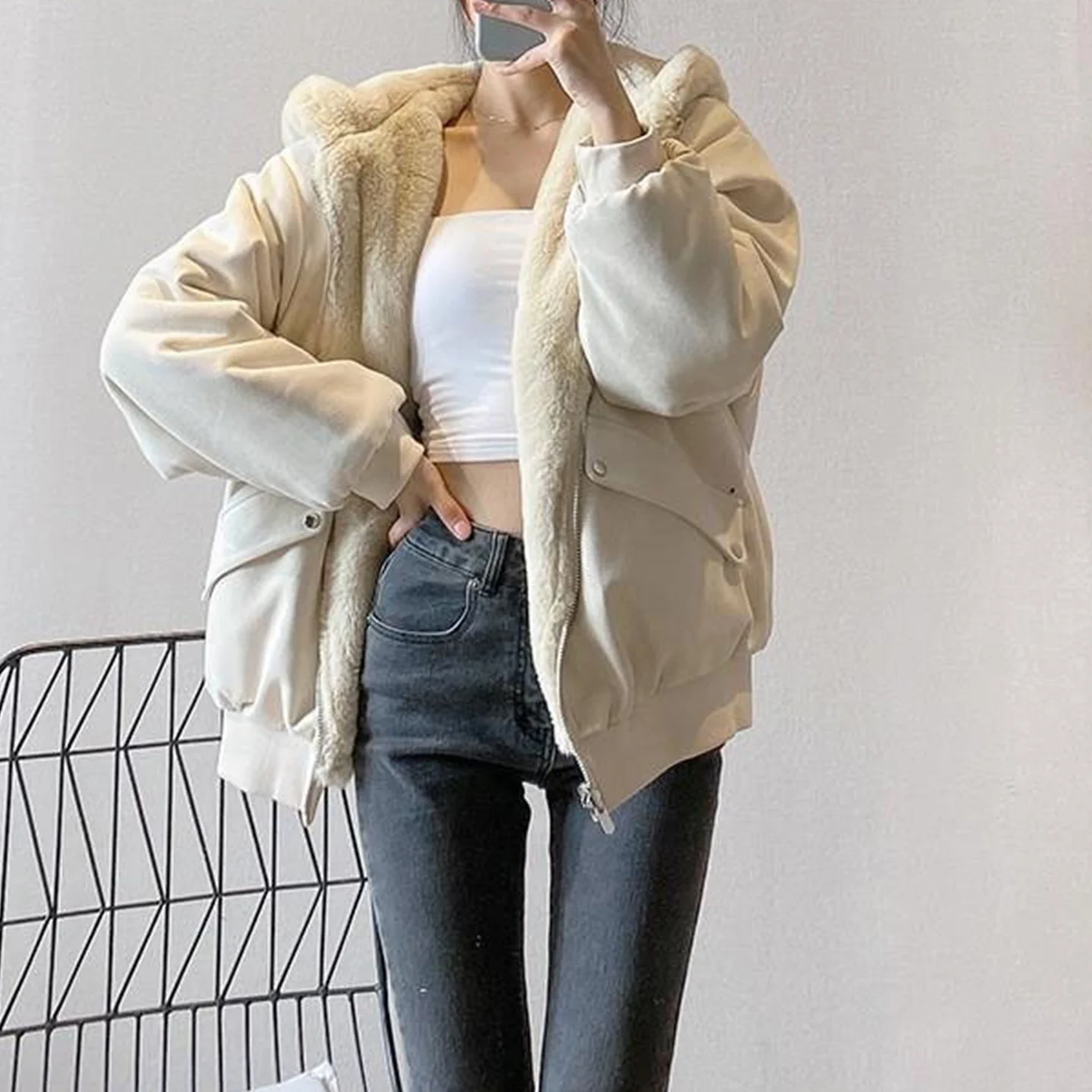 Lamb Fur Jaet Women's Winter New Loose Hooded Thi Warm Double-Sided Wear Pilot Jaet Polyester Fiber Long Sve Zipper