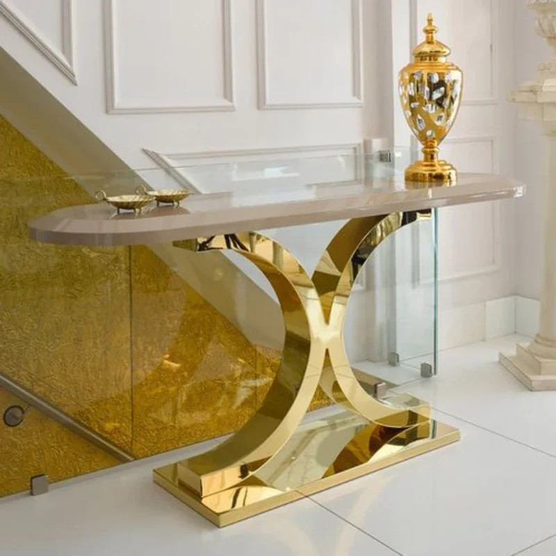 

Custom unique elegant stainless steel cc pedestal hallway modern gold marble console table living room furniture