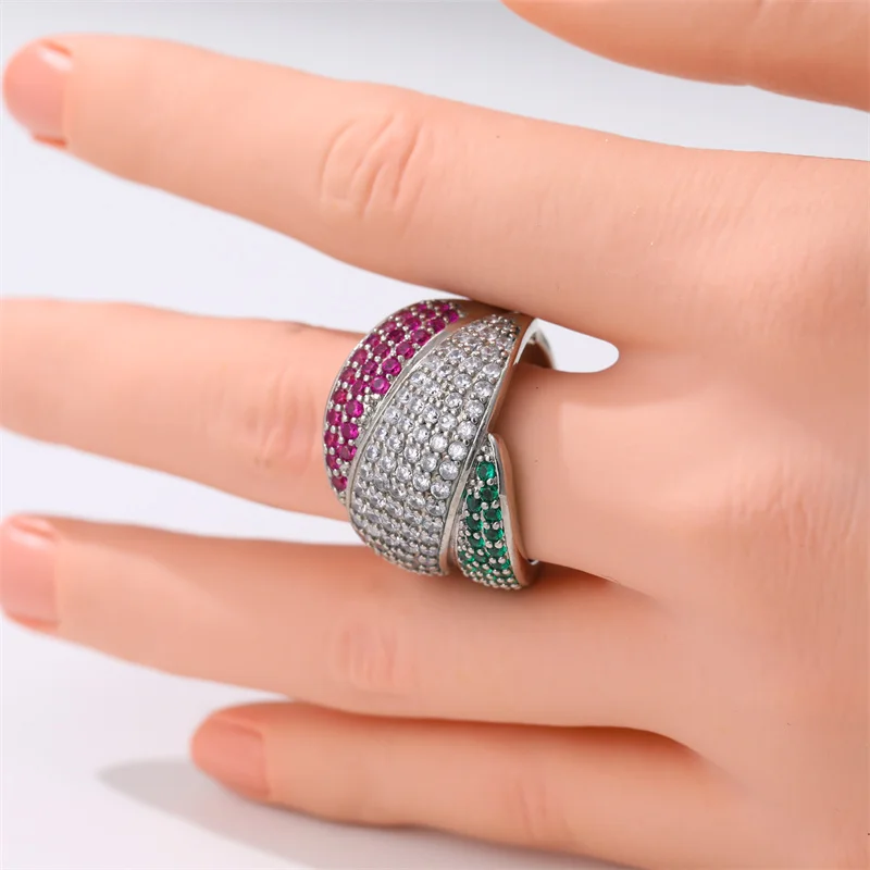 Vintage Inlaid Red Green White CZ Women's Ring Luxury Silver Color Geometry Daily Wear Party Jewelry Anniversary Gift