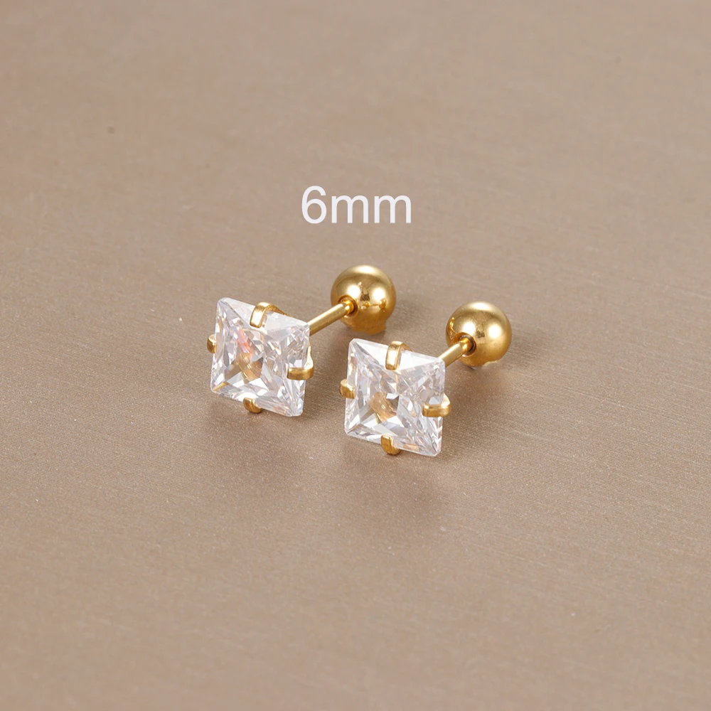 2PC Stainless Steel Shiny Zircon Square Earrings For Women Fashion Korean 3/4/5/6/7/8mm Helix Tragus Cartilage Piercing Jewelry