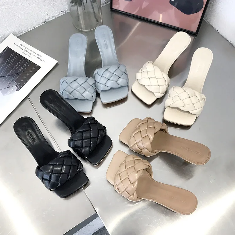 Sommerliche Damen-Slipper mit quadratischer Zehenpartie, luxuriöse Designer-Striptease-Sandalen, bequeme Büro-Stilettos, Damen-High-Heels