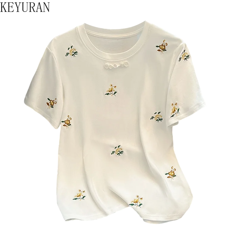 White New Chinese Style Embroidery Floral Button Up Cotton T Shirt Women 2024 Summer Vintage O-Neck Short Sleeve Tops Female Tee