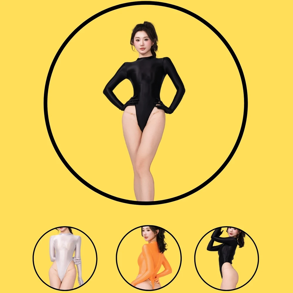 Damen Sexy Glänzender Elastischer Bodysuit mit Langen Ärmeln und Hohem Kragen, Einteiliger Badeanzug mit Hohem Beinausschnitt und T-Back, Einfarbige Cosplay-Strumpfhose – Detail 1