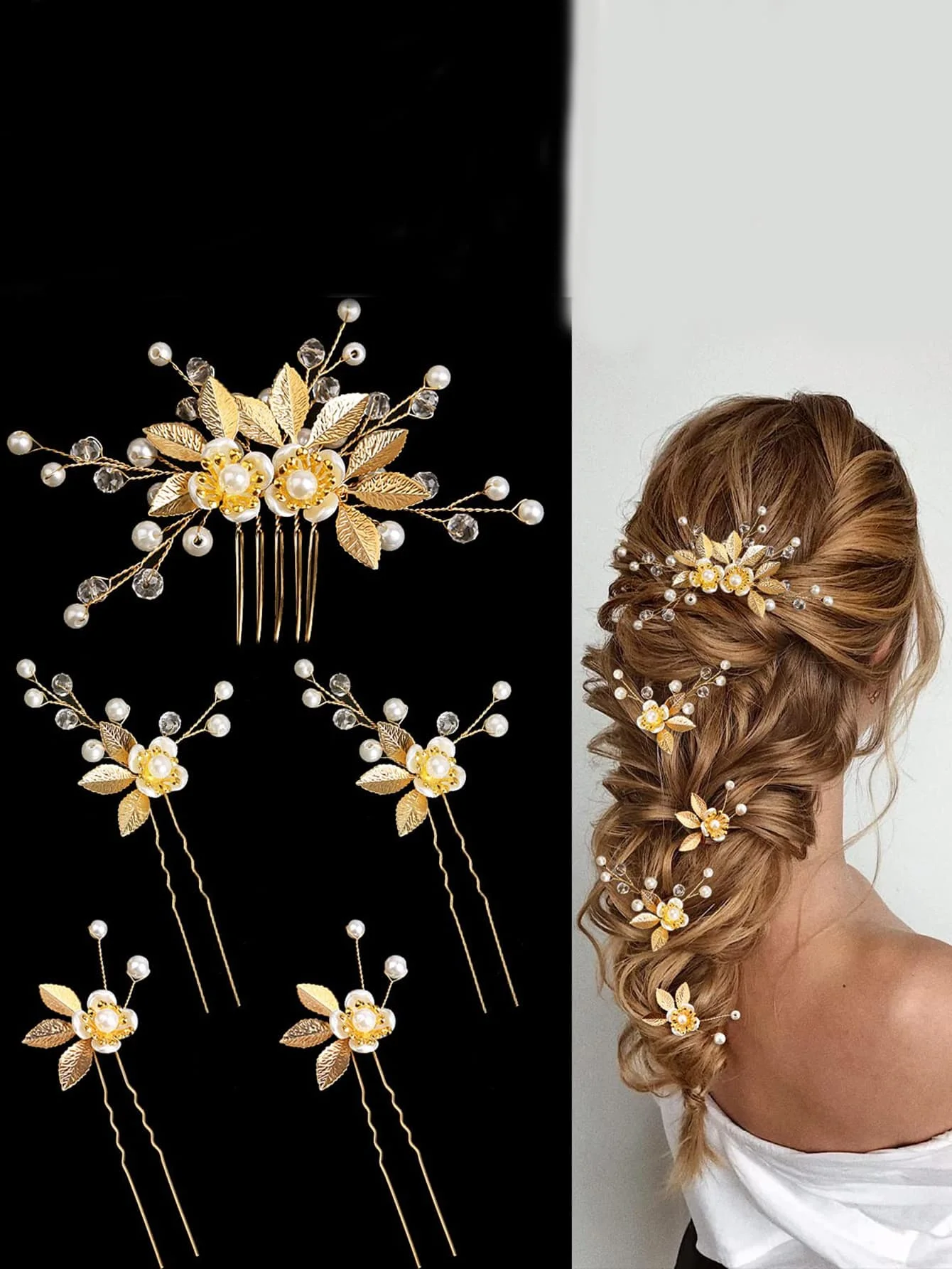 

5pcs Gold-Tone Handmade Faux Pearl Leaf Hair Comb & Hairpins Bridal Wedding Party Hair Accessories Set Elegant