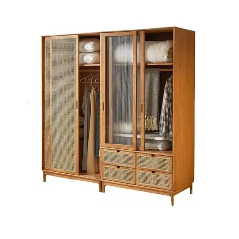 

French modern light luxury simple bedroom large capacity four-door rattan solid wood wardrobe