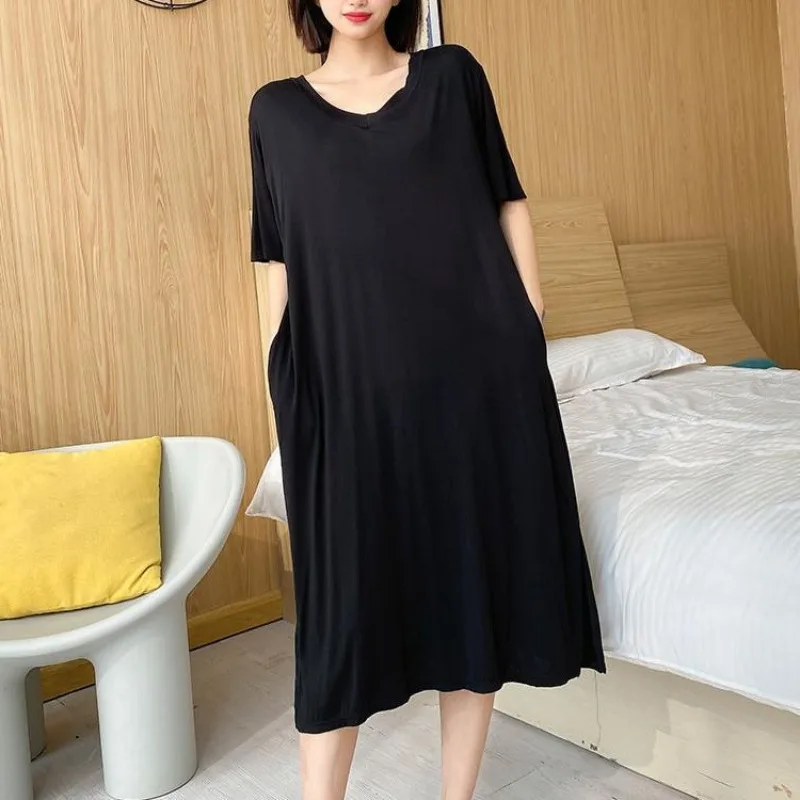 150kg Extra Large Size Summer Loose Home Dress with Pocket Thin V-neck Short Sleeved Pajamas Solid Long Loungewear Plus Size 3XL