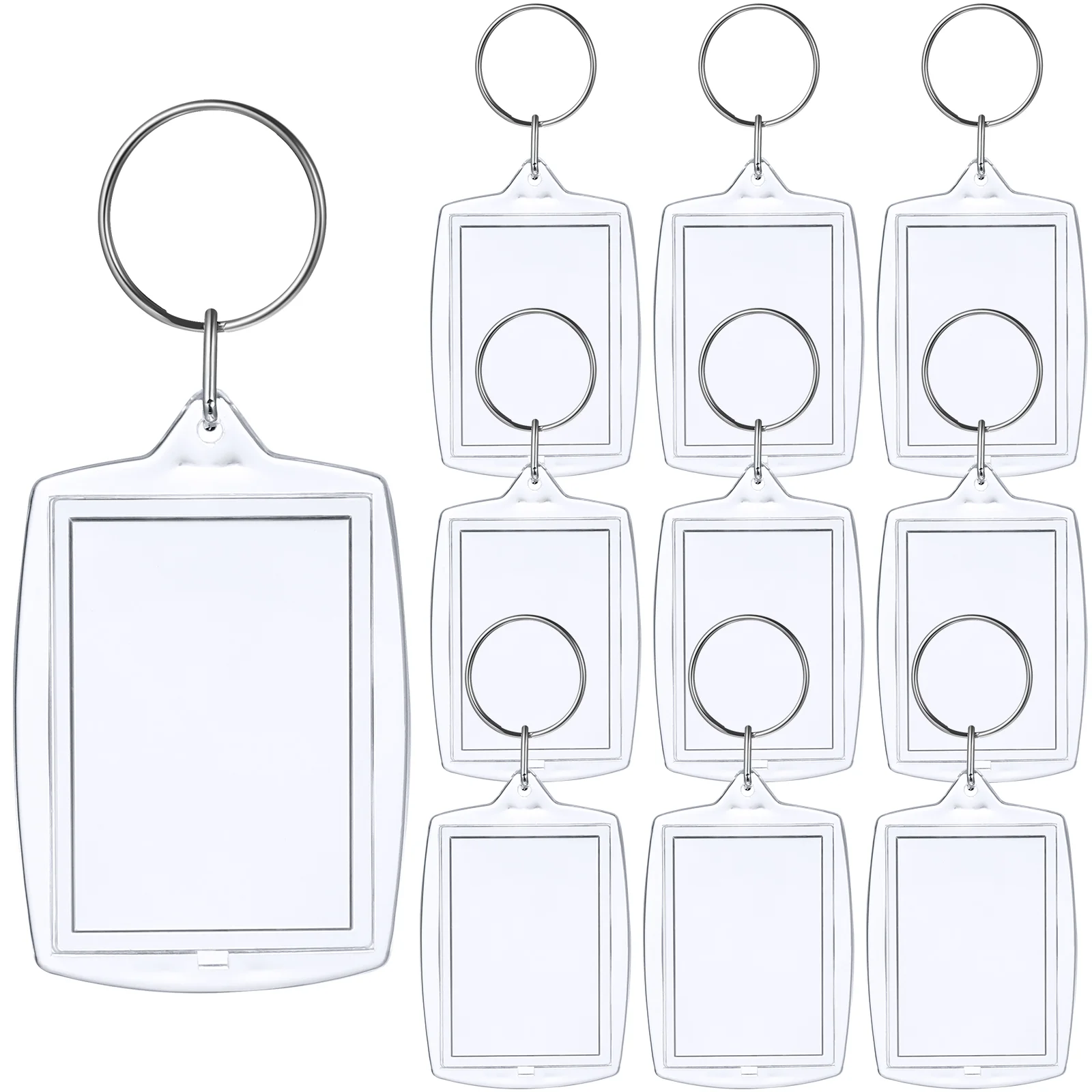 10 Pcs Silver Keychain Ring Photo Frame Picture Lanyard Blank Insert Keyring Split Acrylic