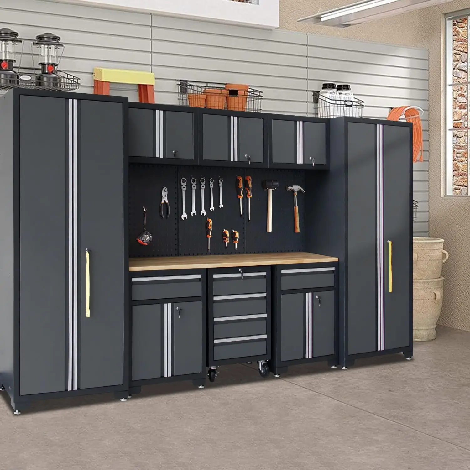 Système d'armoire de rangement de garage avec armoire en acier, ensemble d'atelier, armoires de garage, égouts de proximité, 9 pièces