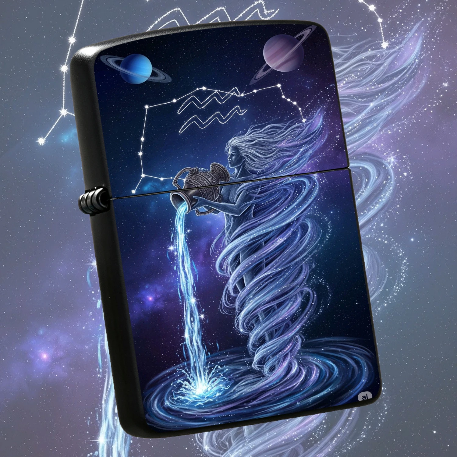 Creative Aquarius Zodiac Themed Lighter Dreamy Starry Sky Ringed Planets Art Print Portable Igniter Unique Cosmic Myth Inspired Practical Accessory Ideal Gift For Lovers Daily Use Decorative Tool For Any Occasion A Humorous And Interesting