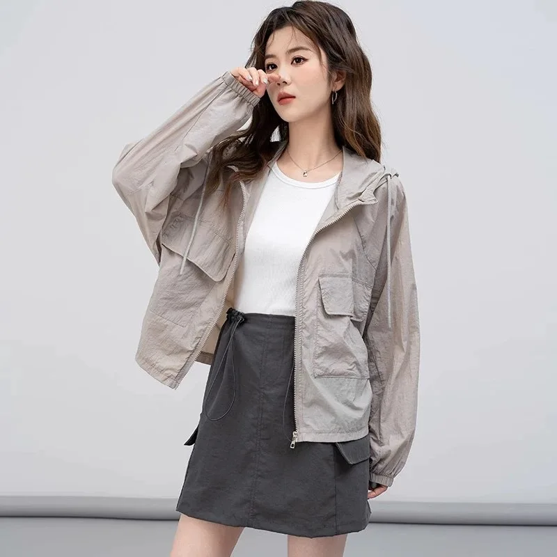 Solid Color Thin Sunscreen Clothing Anti UV Sun-Protective Leisure Hooded Outwear Quick Dry Loose Windbreaker Summer