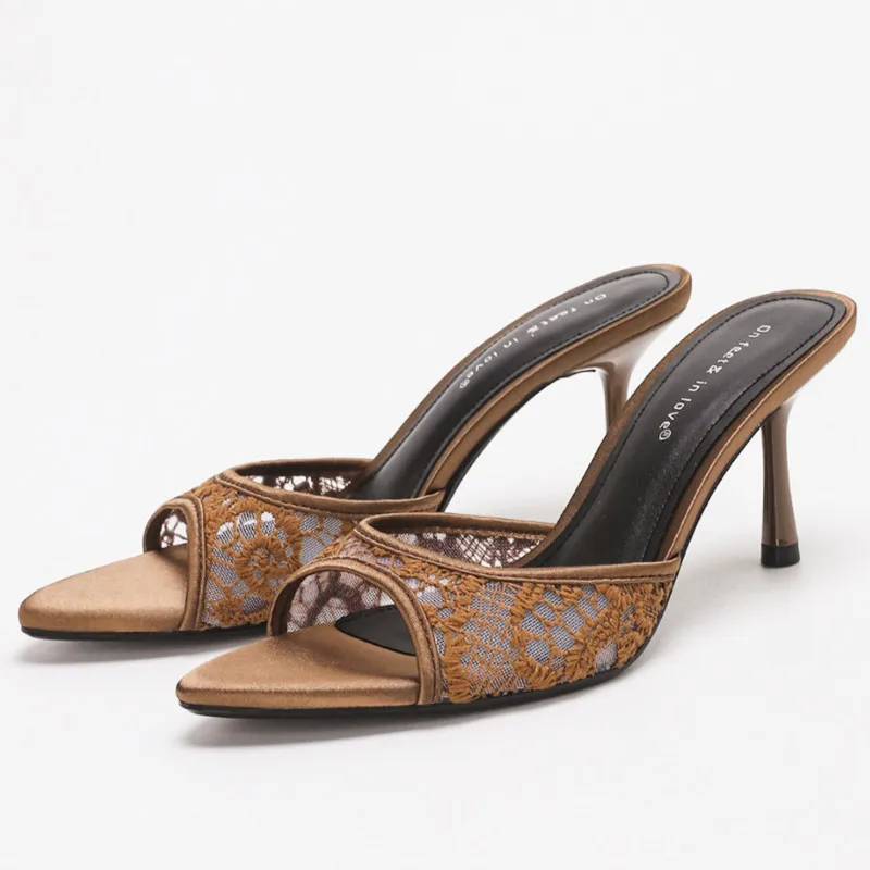 

Luxury Mesh Embroidery Heeled Slippers for Women Sexy Pointed Toe Open Toe Slide Sandals Elegant Party Wedding Bridal High Heels