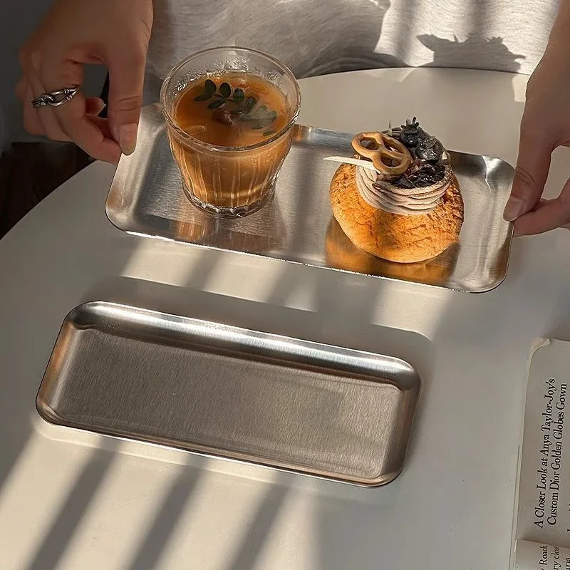 Ins Style Rectangular Stainless Steel Serving Tray, Coffee Shop  Dessert Tray, Metal Storage Tray for Home Kitchen Table Decor