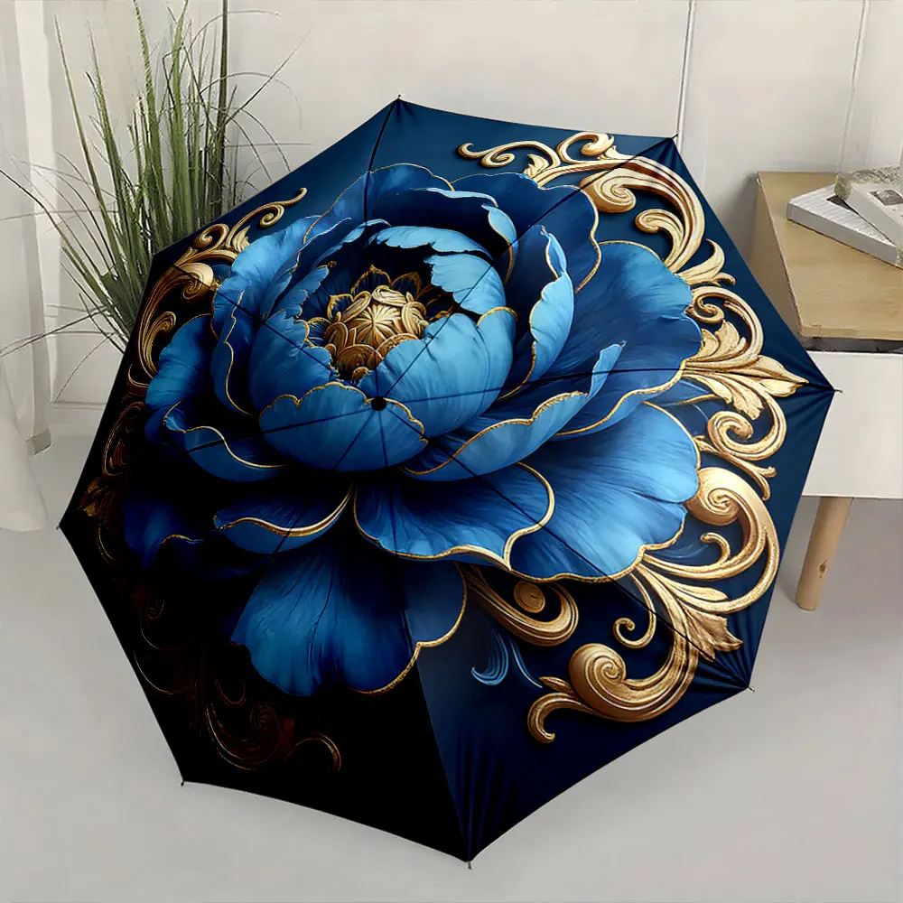 1PC Elegant Blue Floral Umbrella with Gold Details Print 8 Iron Ribs Folding Umbrella Auto-Open Fashion Sunshade