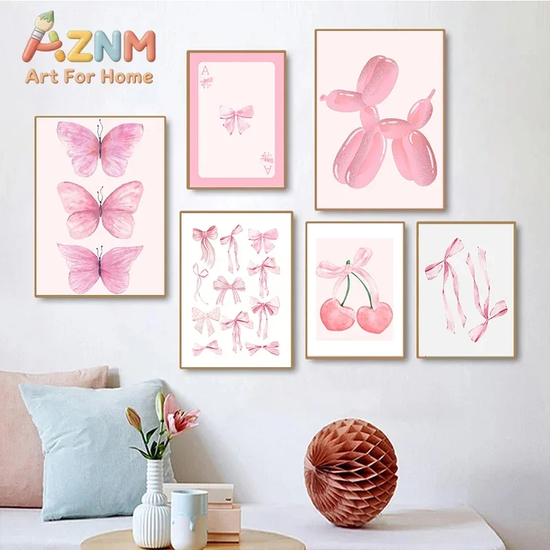 Trendy Pink Bows Preppy College Watercolor Bows Coquette Girly Poster Print Wall Art Canvas Painting Pictures Room Home Decor