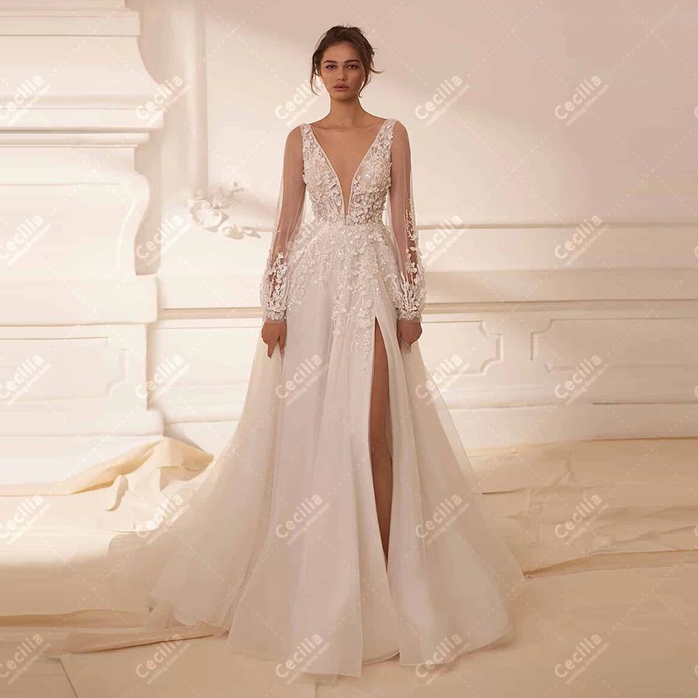 Elegant Wedding Dresses A Line Full Sleeves Deep V Neck Robes For Women свадебное платье Elegant Vestidos De Novia Customized