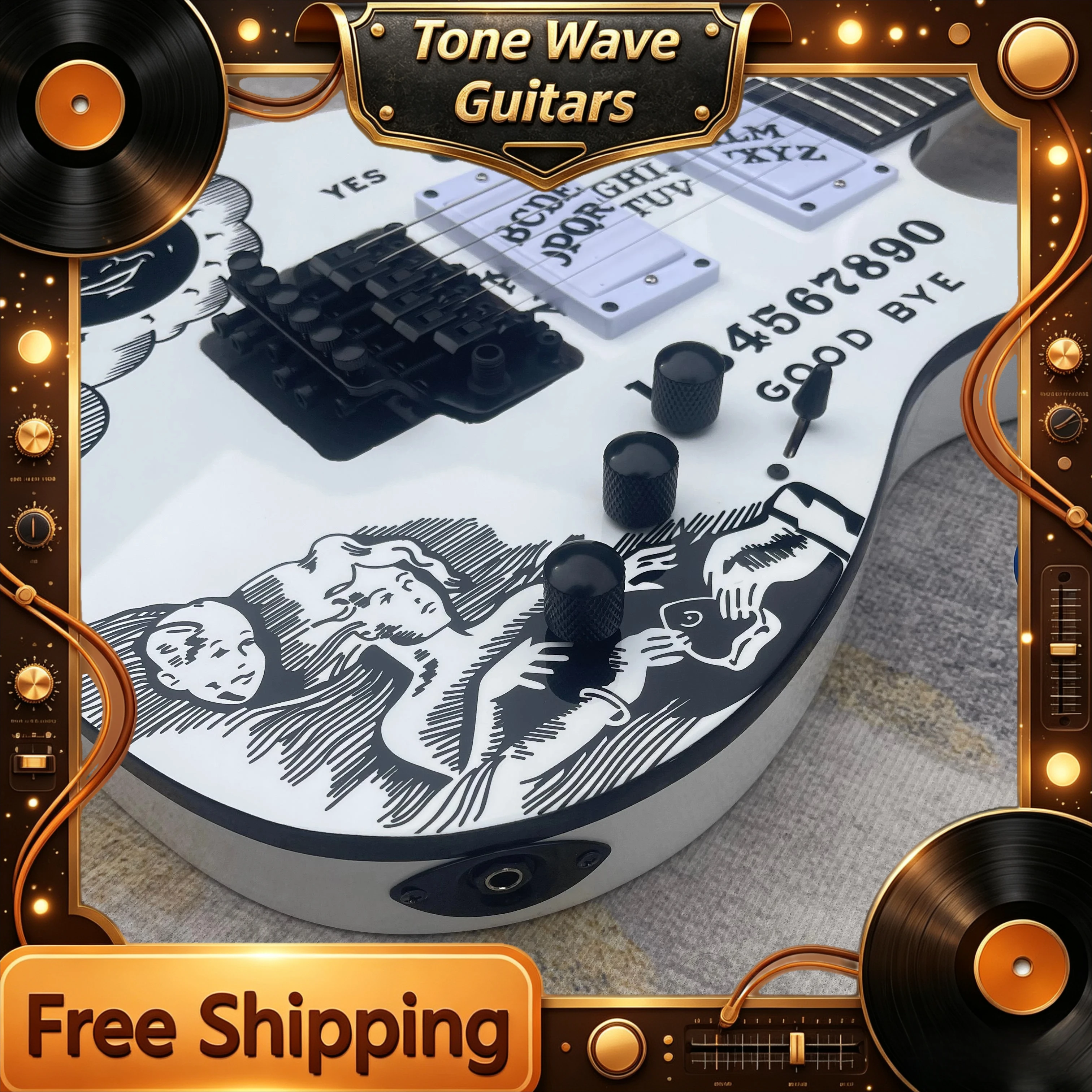 2026 Tongling Board Black White Print Double Rocking Electric Guitar Star Moon Moon Alien Product Record  Quality Assurance Gift
