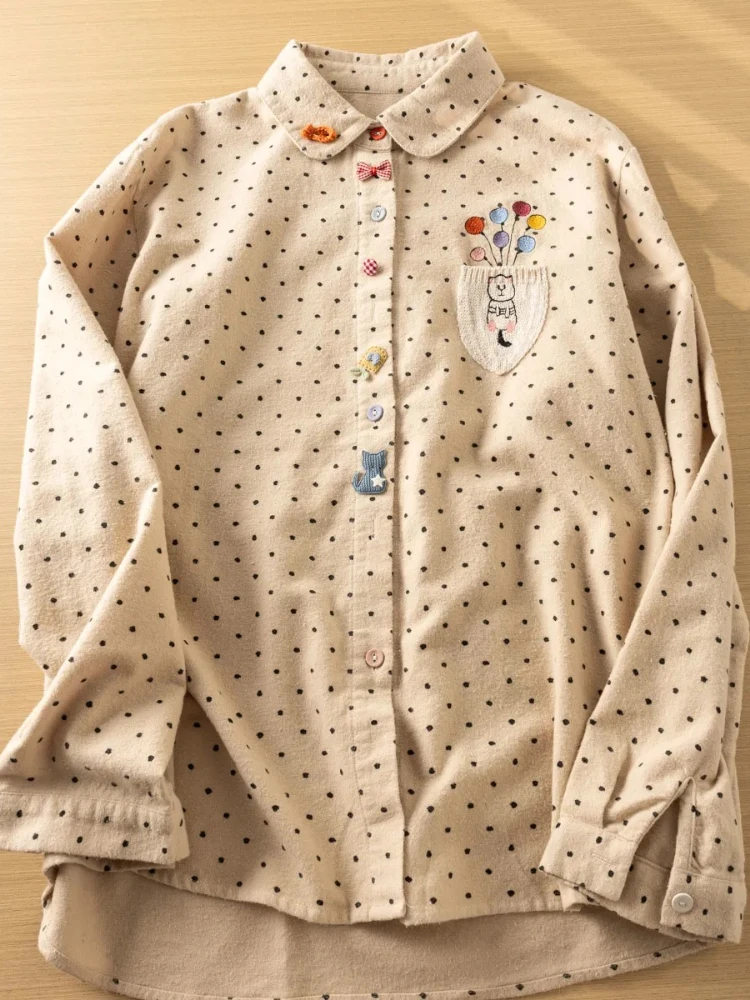 

Japanese Vintage Shirts Polka Dot Cartoon Embroidery Peter Pan Collar Blouses Preppy Style All Match Tops 2025 Women's Clothing